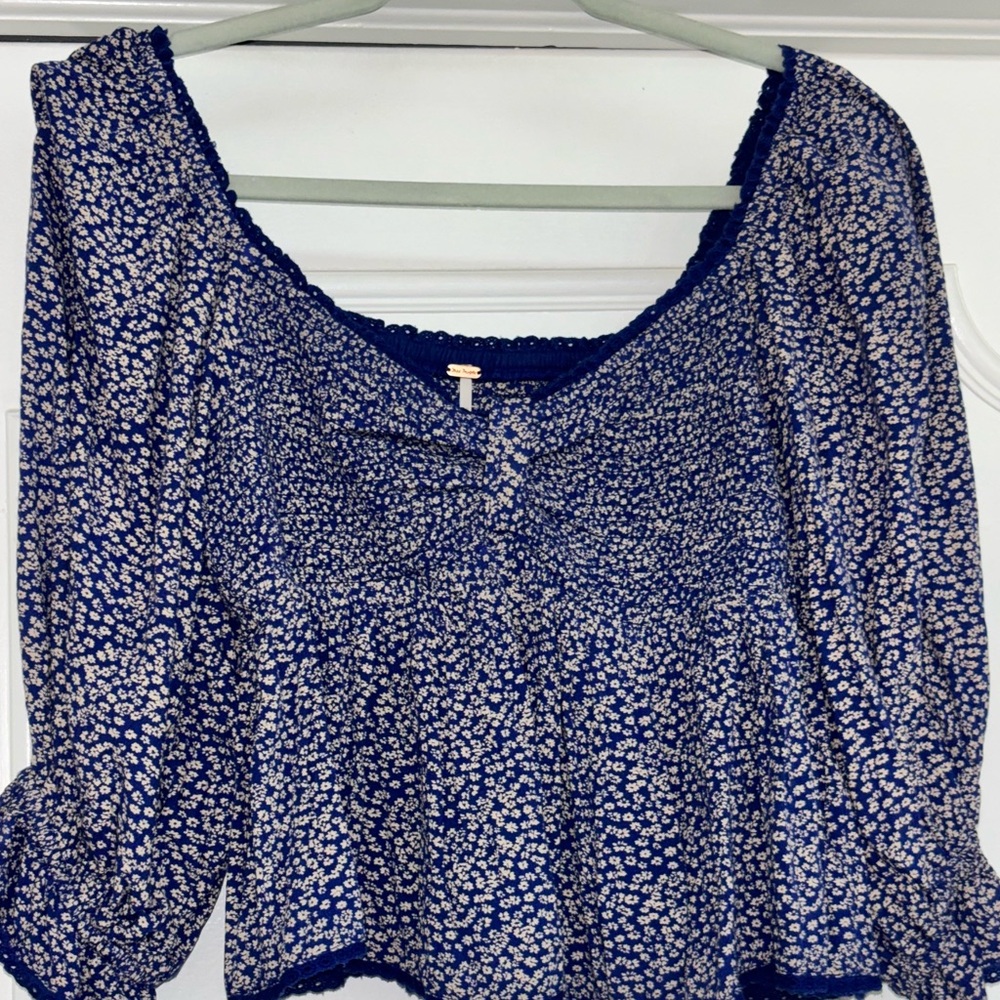Free People Blue Ruched Crop Blouse
